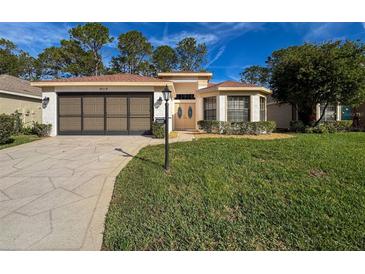 One-story house with brown garage door and green lawn at 9519 Green Needle Dr, New Port Richey, FL 34655
