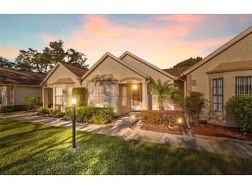 Well-maintained villa with attractive landscaping and exterior lighting at 11445 Orleans Ln, Port Richey, FL 34668