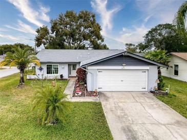 Cute Florida home with a gray roof, white garage door, and nicely landscaped yard at 8015 Pequena Dr, Port Richey, FL 34668