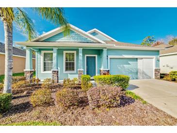 Charming one-story home with light blue siding, landscaping, and a two-car garage at 11041 Paradise Point Way, New Port Richey, FL 34654