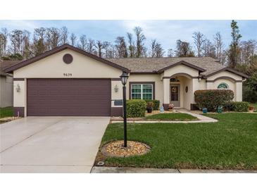 One-story house with brown garage door and well-manicured lawn at 9639 Conservation Dr, New Port Richey, FL 34655