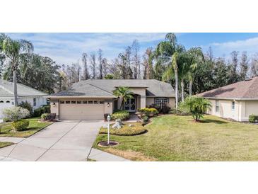 Single-story home with attached garage, landscaping, and driveway at 1413 Morning Rose Pl, Trinity, FL 34655
