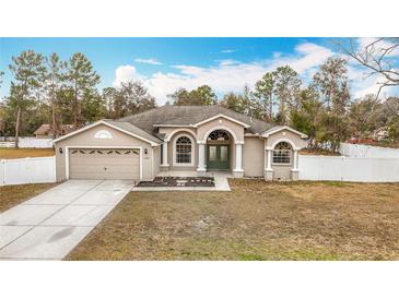 Tan house with a green door and attached garage at 12312 Millington Ave, Weeki Wachee, FL 34614