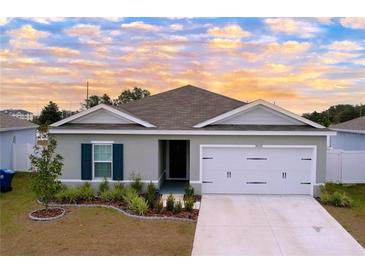 Newly built home with gray exterior, two-car garage, and landscaped yard at 14506 Whitewater Way, Brooksville, FL 34604