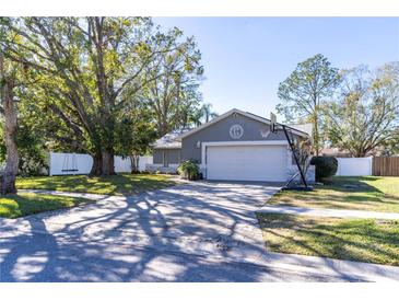 House with a large tree, white fence, and basketball hoop in the front yard at 14004 Cascade Ln, Tampa, FL 33618