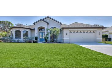 Single-story home with a two-car garage and lush green lawn at 9694 Southern Belle Dr, Weeki Wachee, FL 34613