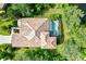 Aerial view of the home showcasing the tile roof, pool, and surrounding landscape at 105 New Briton Ct, Bradenton, FL 34212