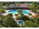 Aerial view of a stunning community pool area with palm trees, lounge chairs, and a relaxing spa at 5709 Puccini St, Nokomis, FL 34275