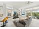 Spacious living room featuring a fireplace, large windows, and a comfortable gray sectional at 7217 Churston Ln, University Park, FL 34201