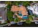 An aerial view of a home with a pool and canal access at 1400 Quail Dr, Sarasota, FL 34231