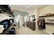 Walk-in closet features custom wood shelving, drawers, full length mirror, and neutral-toned carpet at 12661 Oak Hill Way, Parrish, FL 34219