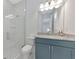 Modern bathroom with a walk-in shower, toilet and a blue vanity at 4950 Kiva Cir, Bradenton, FL 34211