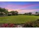 Landscaped backyard with lush green lawn and colorful flowers at sunset at 8480 Big Buck Ln, Sarasota, FL 34240