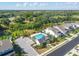 Community aerial view showcasing the pool, clubhouse, parking, and manicured landscaping at 3819 Sunshine Pine Ave, Bradenton, FL 34203