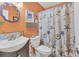 Bathroom features a shower, toilet, vanity, and seashell-themed decor at 2431 Golf Course Dr # 703, Sarasota, FL 34234