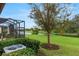 Scenic backyard featuring pond views and an enclosed patio at 340 Cedar Falls Dr, Apollo Beach, FL 33572