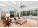 Bright living room with multiple seating areas, a fireplace, and sliding glass doors to the pool at 1954 Datura St, Sarasota, FL 34239