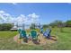 Relaxing backyard firepit area with seating, overlooking the water at 2412 Bay Dr W Ave, Bradenton, FL 34207