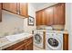 Convenient laundry room featuring a sink, washer, dryer, and ample cabinet storage space at 401 Walls Way, Osprey, FL 34229