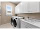 Laundry room with modern washer and dryer, white cabinets, and a utility sink at 4611 Trento Pl, Bradenton, FL 34211