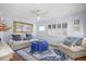 Light and airy living room with comfy sofas and blue accents at 2369 Browning St, Sarasota, FL 34237