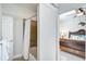 Small bathroom with shower/tub combo and a white curtain at 3120 Lena Ln, Sarasota, FL 34240