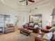 Relaxing Gathering room featuring leather sofas, a projector, and views to the backyard at 7123 Beechmont Ter, Lakewood Ranch, FL 34202