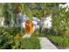 Charming entry with a stone walkway and a wood door surrounded by lush greenery at 4311 Bay Shore Rd, Sarasota, FL 34234
