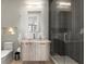 Clean bathroom with a walk-in shower, floating vanity, and dark tile at 188 Golden Gate Pt # 202, Sarasota, FL 34236