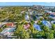 Aerial view of a single-Gathering home with a pool, located in a residential neighborhood at 235 Grant Dr, Sarasota, FL 34236