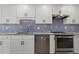 Sleek kitchen, white cabinets, granite counters, blue tile backsplash at 5164 Windward Ave, Sarasota, FL 34242
