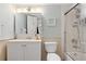 Clean bathroom with a shower/tub combo, white vanity, and a mirrored medicine cabinet at 3421 Clark Rd # 122, Sarasota, FL 34231