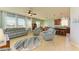 Open living area featuring light grey sofas and a large TV at 7825 112Th E Ave, Parrish, FL 34219