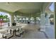 Relaxing covered patio area with tables and chairs near the pool at 14350 Easy Goer St, Ruskin, FL 33573