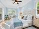 Spacious bedroom with light blue walls, king-size bed, and access to a private patio at 1810 Lincoln Dr, Sarasota, FL 34236