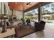 Relaxing covered patio with wicker furniture, fireplace, and access to the pool at 22343 Panther Loop, Bradenton, FL 34202