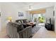 Cozy living room with gray sofas, coffee table, and sliding glass doors to patio at 5697 Sheffield Greene Cir # 51, Sarasota, FL 34235