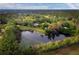 Aerial view of serene pond surrounded by lush greenery and mature trees offering privacy at 5645 Churchill Downs Rd, Sarasota, FL 34241
