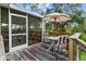 Enjoy this screened porch with wooden deck, table and chairs, and wooded backdrop at 39200 Cook Brown Rd, Punta Gorda, FL 33982