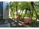 Serene backyard garden with red chairs and stone path, shaded by palm trees at 6422 42Nd E St, Sarasota, FL 34243