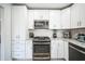 Modern kitchen features white cabinets, granite countertops and stainless steel appliances at 120 Edgewater Ter, Dunedin, FL 34698