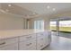Kitchen island with white cabinets and gold handles, overlooking backyard at 16415 Isola Pl, Bradenton, FL 34211