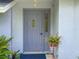 Gray front door entrance with sidelight and potted plant at 9008 Allapata Ln, Venice, FL 34293