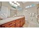 Bathroom with wood cabinets, a vessel sink, and a walk-in shower at 3843 E 59 Avenue Cir, Ellenton, FL 34222