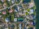 Aerial view of neighborhood with tennis court and canal views at 624 Norsota Way, Sarasota, FL 34242