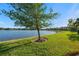 Landscaped backyard with lake view and lush greenery at 328 Aria Dr, Nokomis, FL 34275