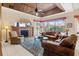 Spacious living room features wood beamed ceiling, fireplace, and comfortable seating at 2611 Little Country Rd, Parrish, FL 34219