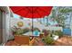 Inviting patio with red umbrella, table, and chairs at 919 Waterside Ln, Bradenton, FL 34209