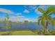 Peaceful lake view from backyard with lush landscaping at 204 Villoresi Blvd, Nokomis, FL 34275