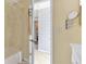 Bathroom with shower, a closet, and palm tree wallpaper at 6238 7Th W Ave # 6238, Bradenton, FL 34209